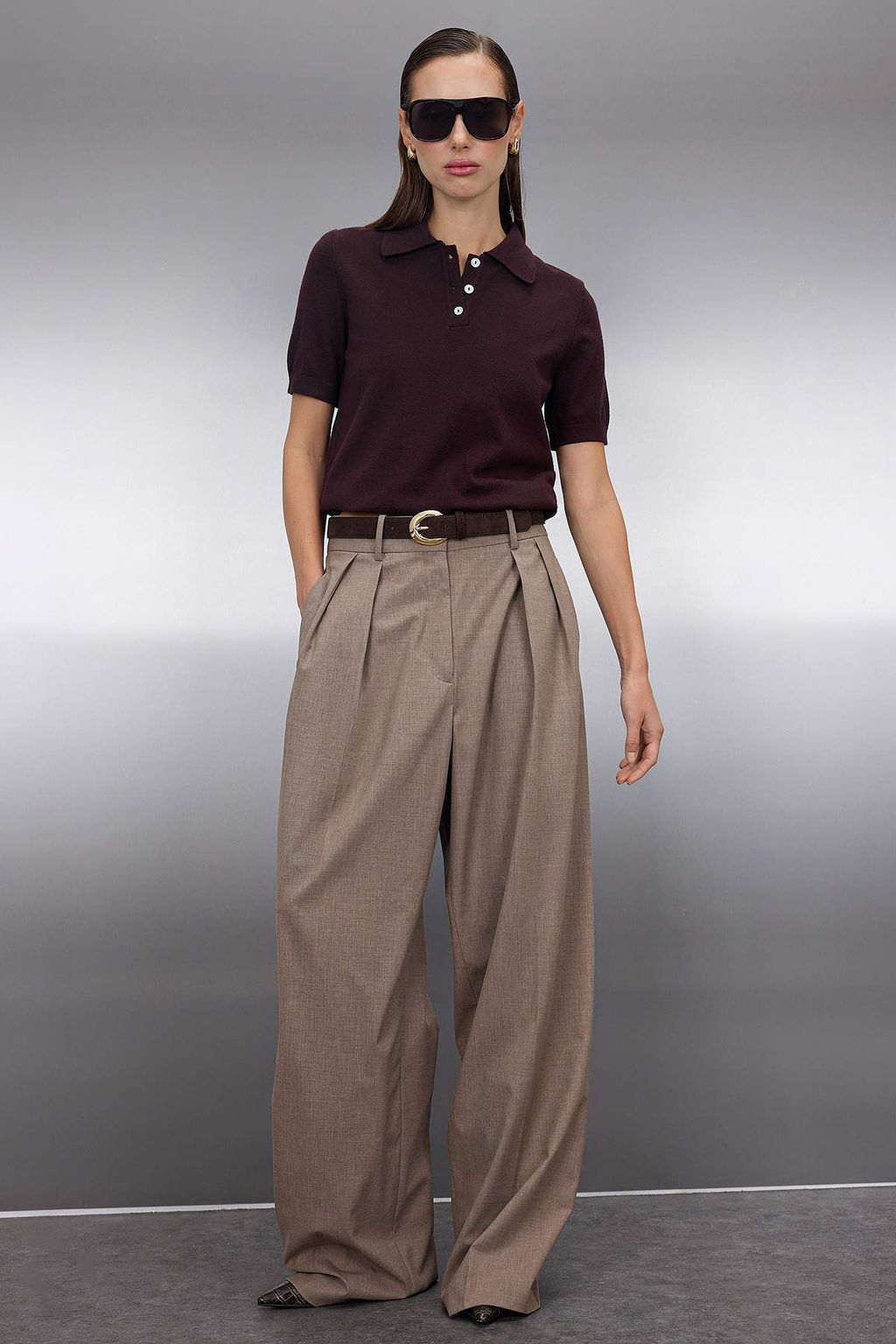 Kahverengi Polo Yaka Premium Iplik / Ozel Iplik Triko Ince Bluz TWOSS25BZ00184