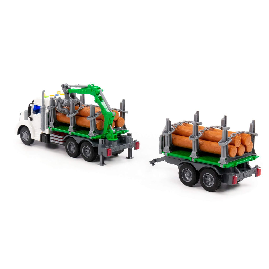 Профи, автомобиль-лесовоз с прицепом инерционный (со светом и звуком) (зелёный) (в коробке) - Полесье фото 3