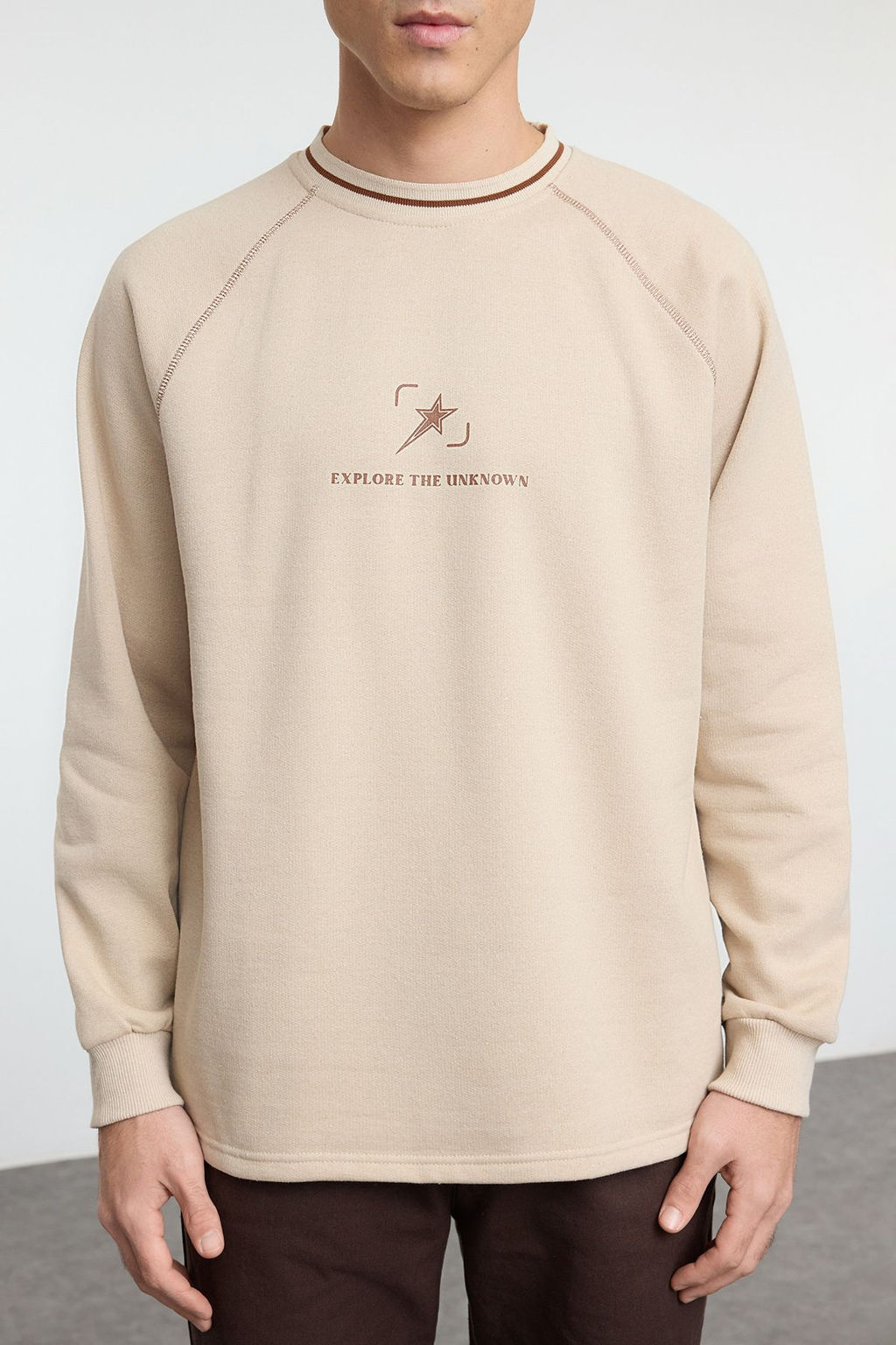 TRENDYOL MAN Bej Regular/Normal Kesim Dikis ve Yaka Triko Bant Detayl? Bask?l? Sweatshirt TMNAW25SW00166 - Trendyolmilla фото 14