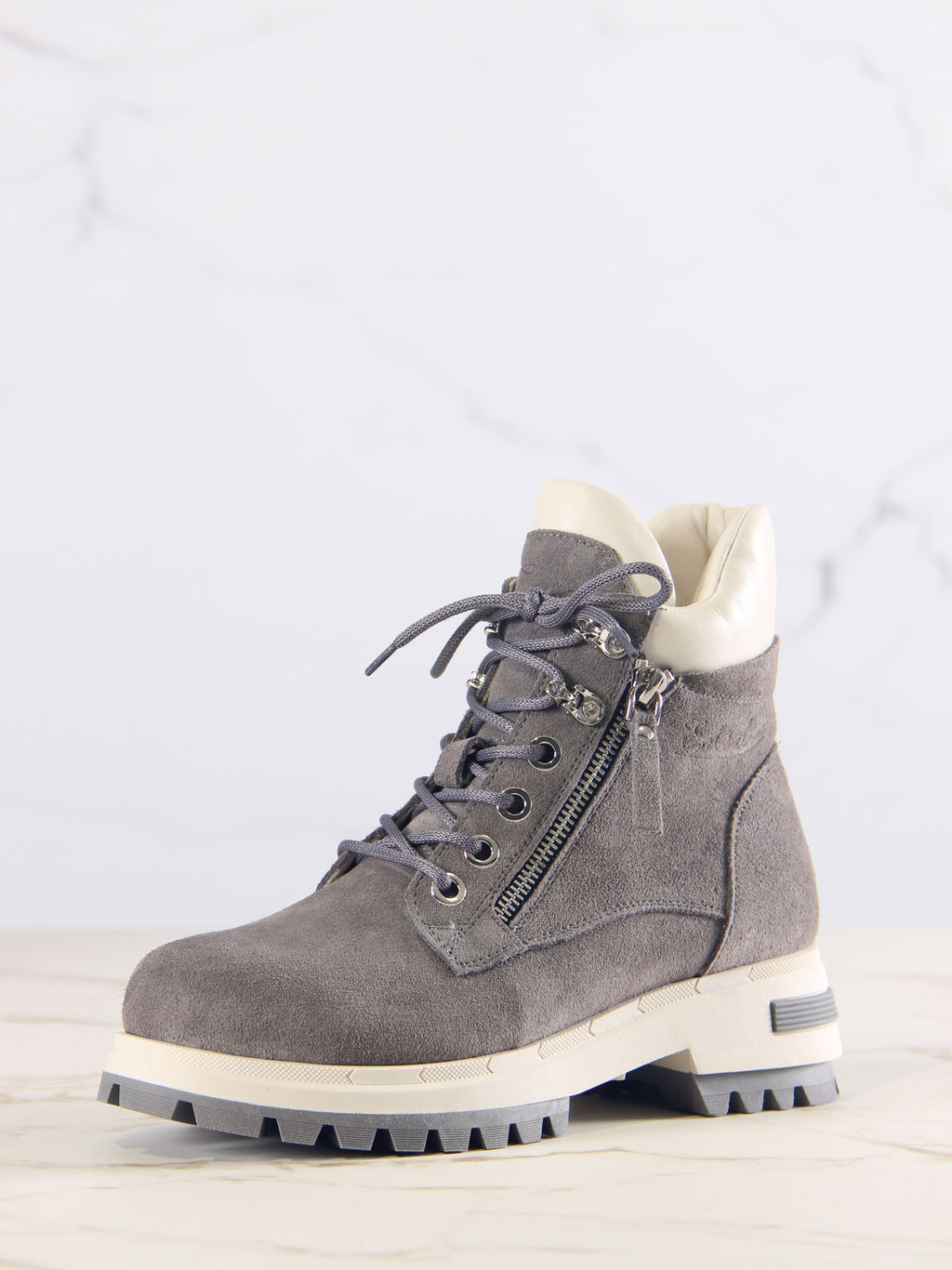 Ботинки 261.uno9gr.Серый замок замша+бежевый/байка