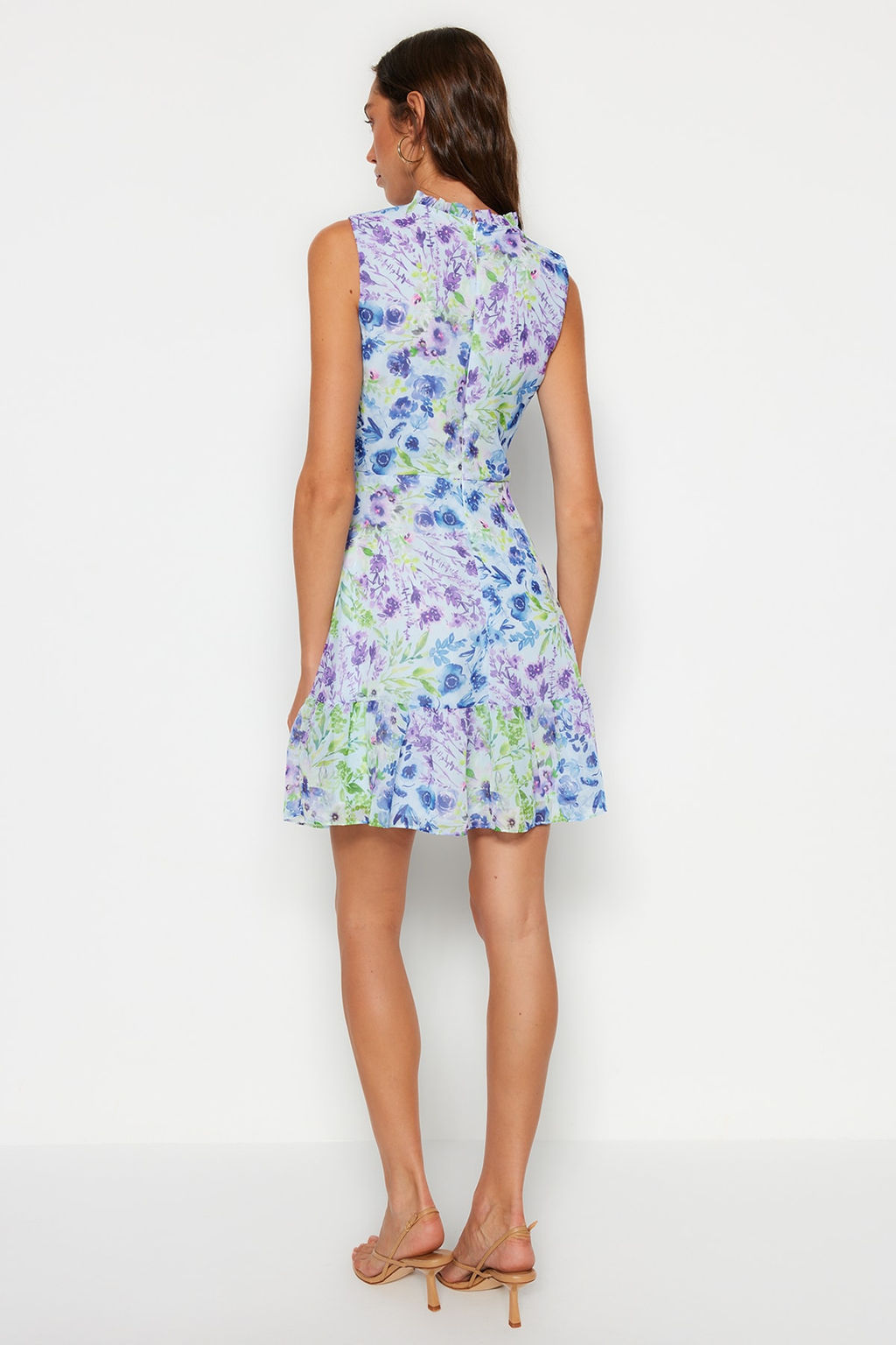 Mavi Cicekli A Kesim F?rf?rl? Astarl? Mini Dokuma Elbise TWOSS20EL0681