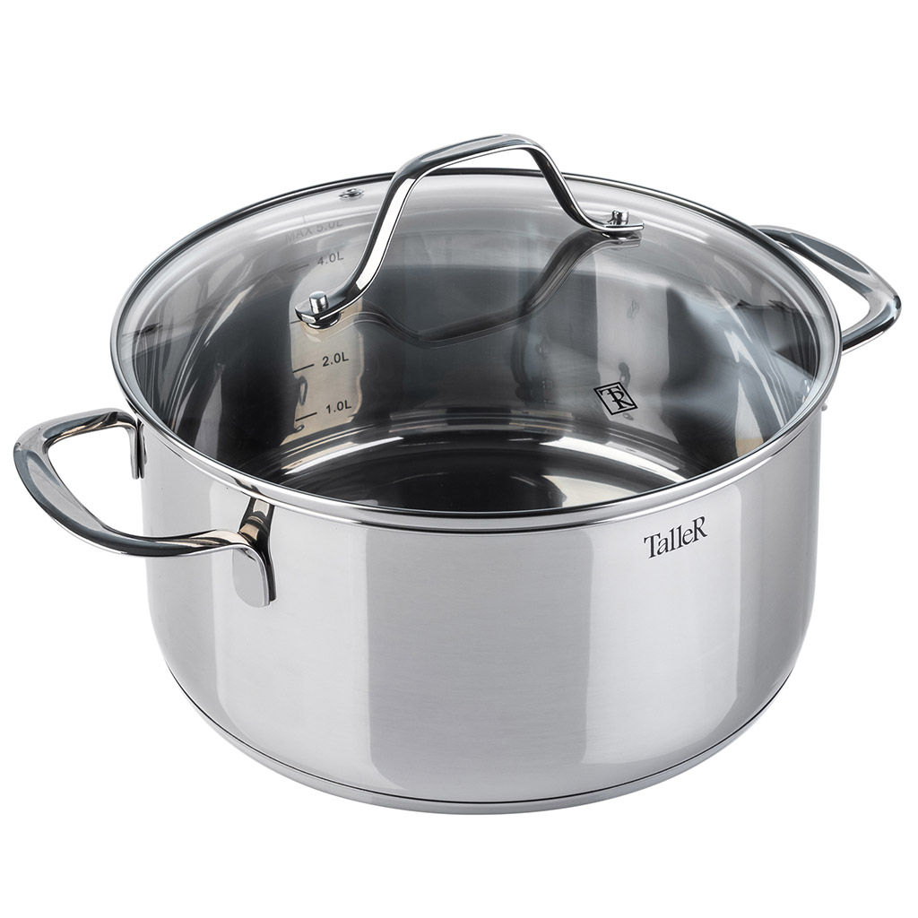 Кастрюля из нержавеющей стали Элиас 5л, д24см, h11,5см, s0,6мм, дно s2,8мм, стеклянная жаропрочная крышка, стальной обод, пароотвод, капсулированное дно, полировка внешняя - зеркальная, внутренняя - зеркальная, мерная шкала, цветная коробка, Talle - Домашняя мода фото 2