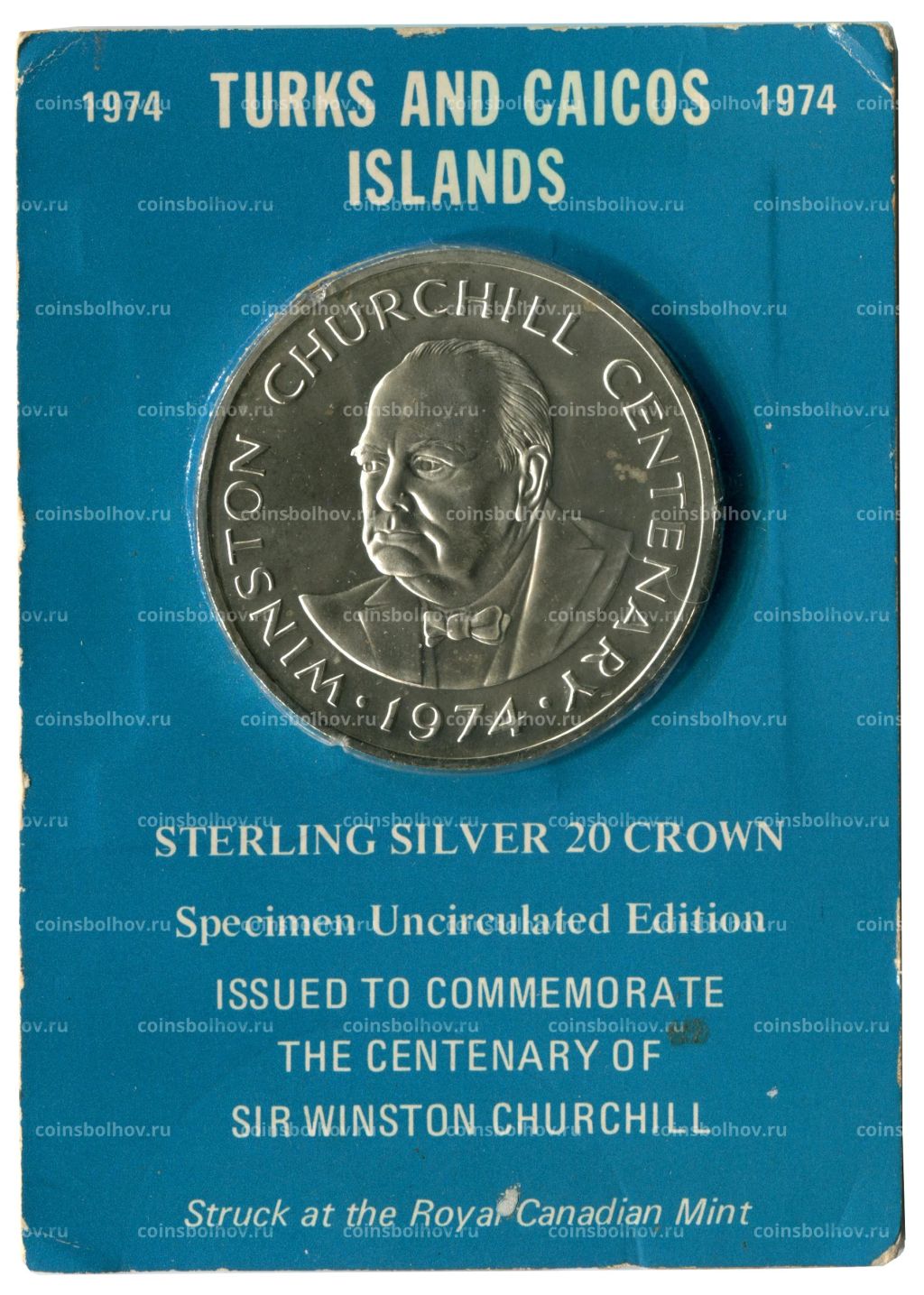Монета 20 крон 1974 года Теркс и Кайкос 100 лет со дня рождения Уинстона Черчилля (в блистере)