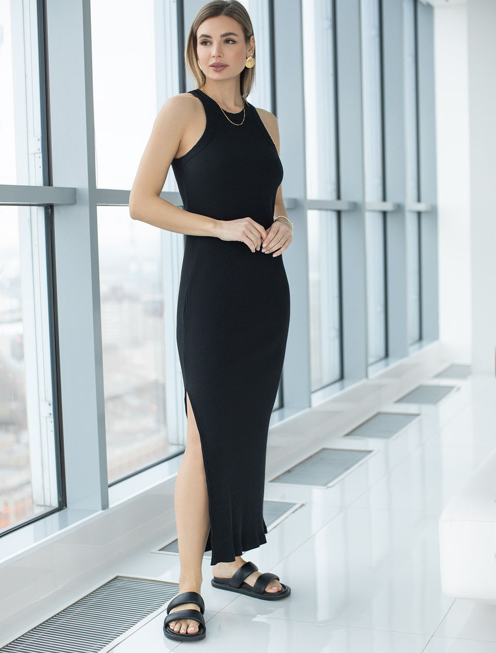 Платье Vilatte трикотаж в рубчик хлопок с эластаном черный  фото 4