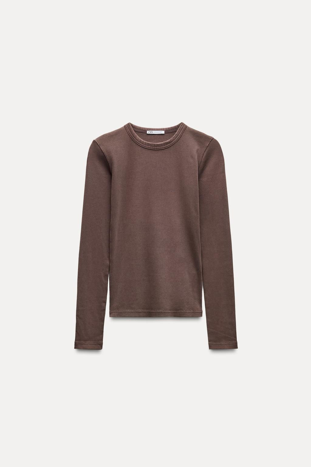 LONG SLEEVE WASHED EFFECT RIBBED T-SHIRT - Zara фото 19