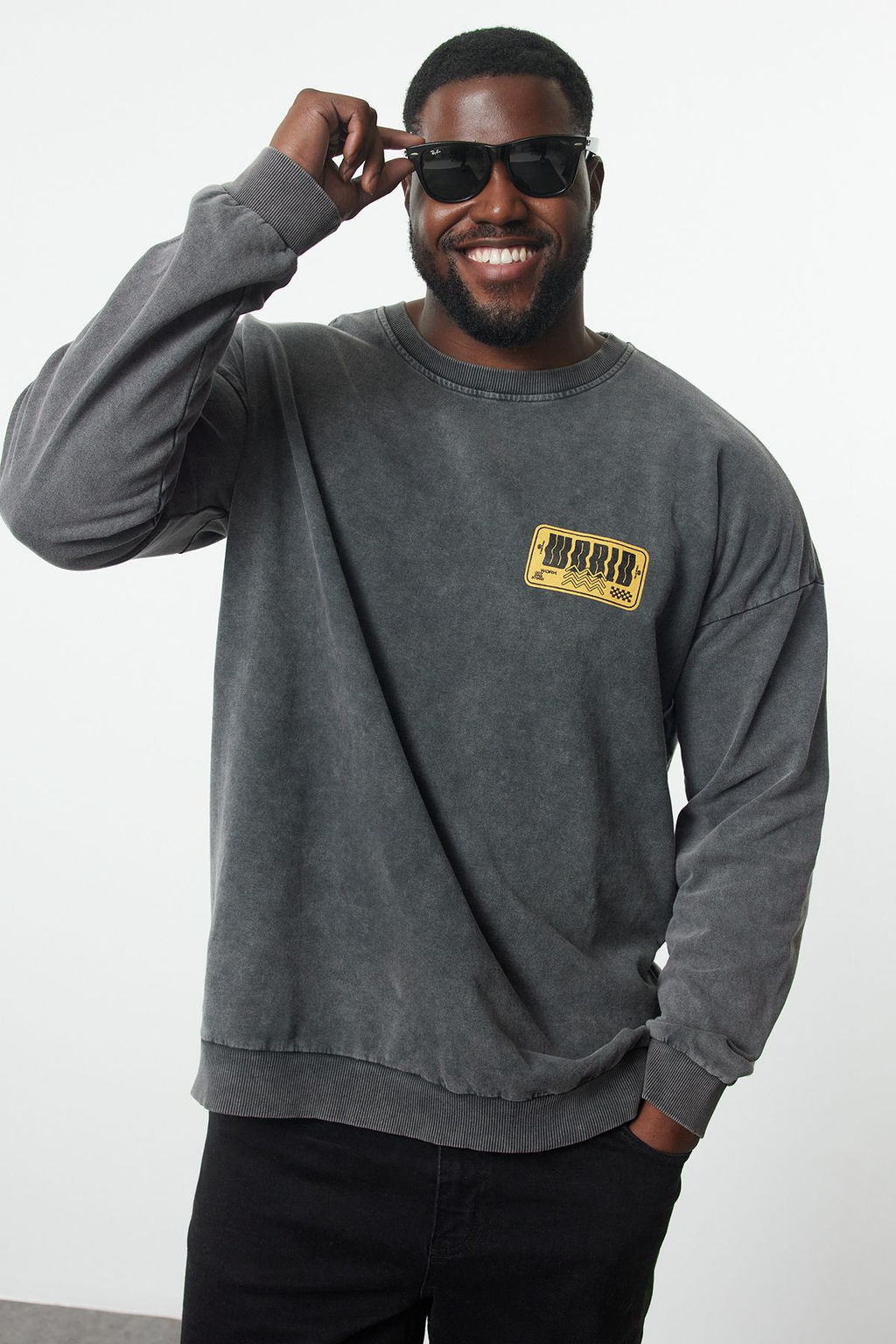TRENDYOL MAN Antrasit %100 Pamuk Buyuk Beden Oversize Y?kama Efektli S?rt Bask?l? Sweatshirt TMNAW25AO00018 - Trendyolmilla фото 2