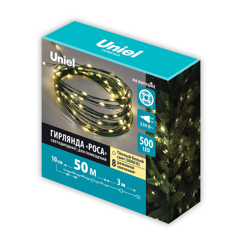 ULD-S5000-500/DGA WARM WHITE IP20 DEW Гирлянда светодиодная Роса, 50м. 500 светодиодов. Теплый белый свет. Провод зеленый. ТМ Uniel - Volpe фото 12