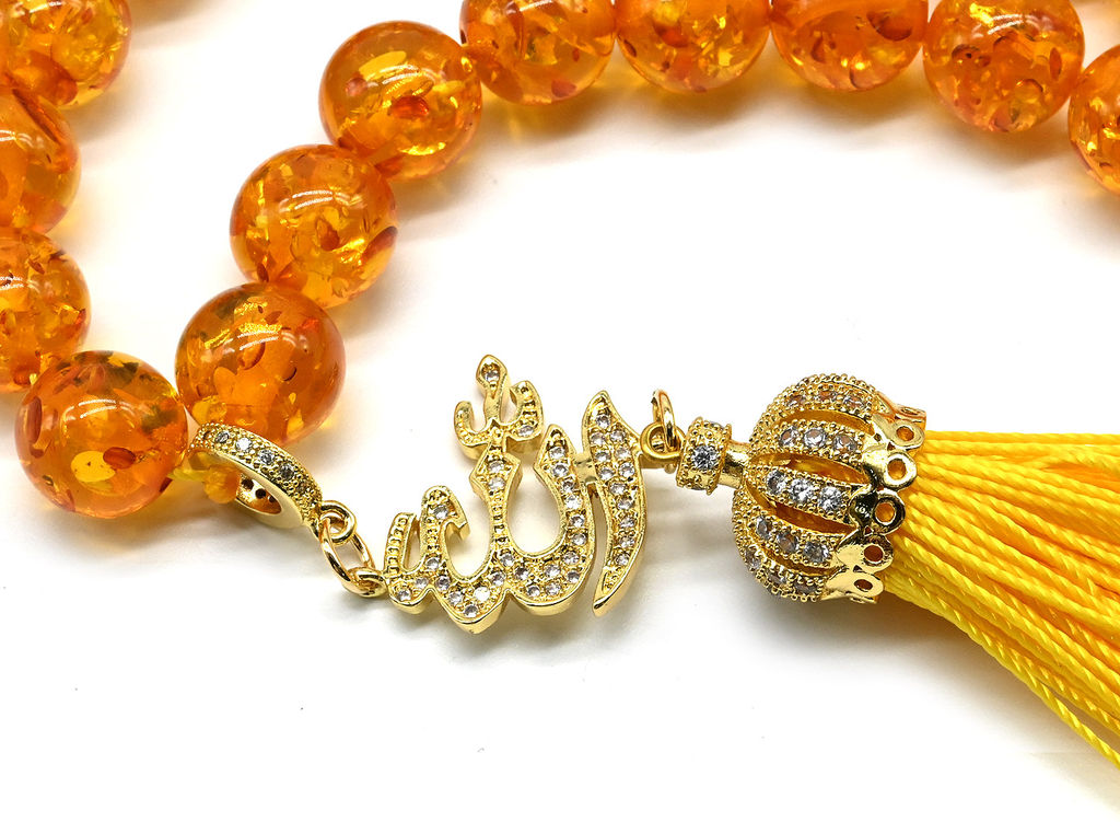 Четки 33 бусины "Иероглиф" из янтаря шарик 10мм цв.медовый, 34см