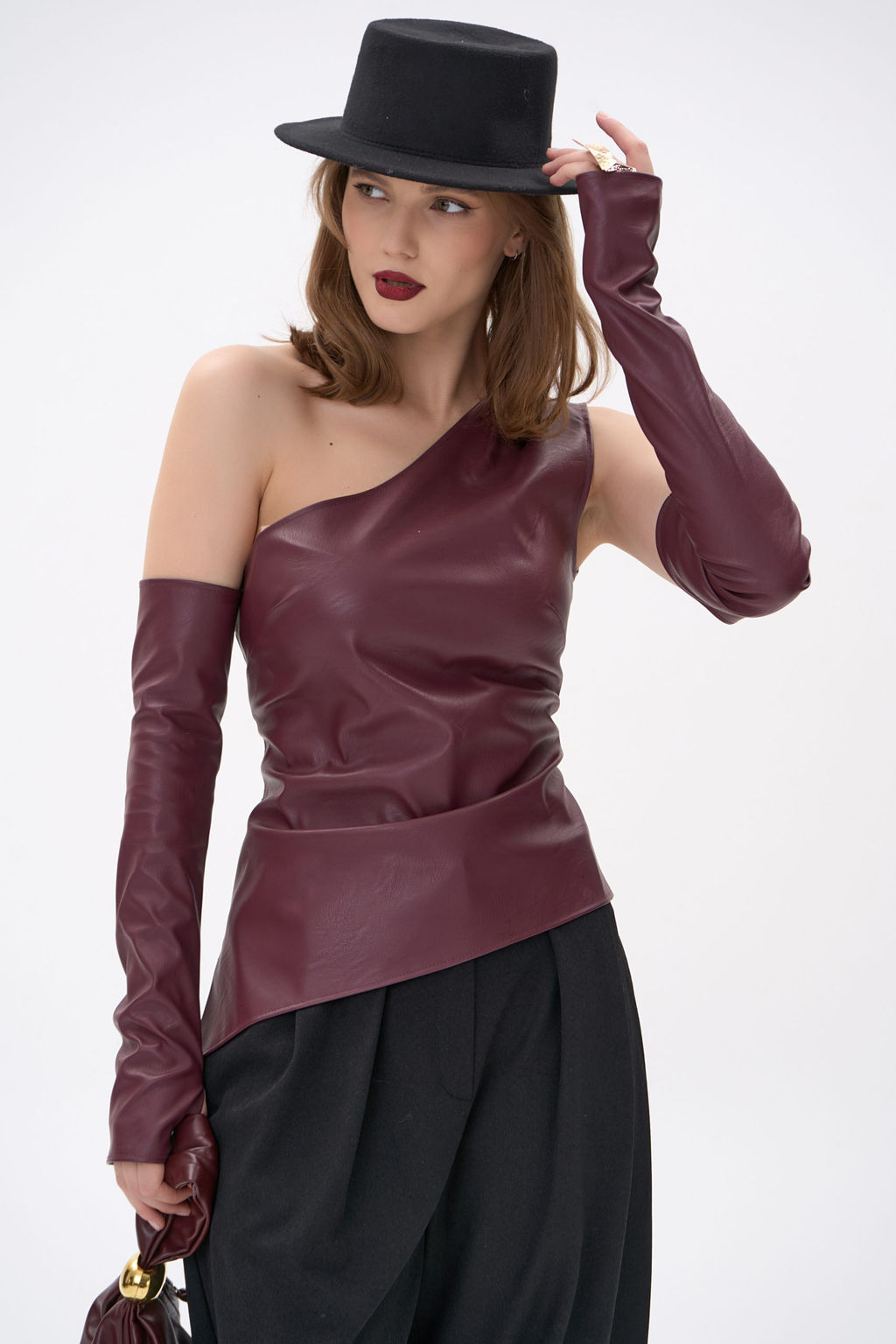 Кожаный топ с рукавами Рикси (бордовый)
