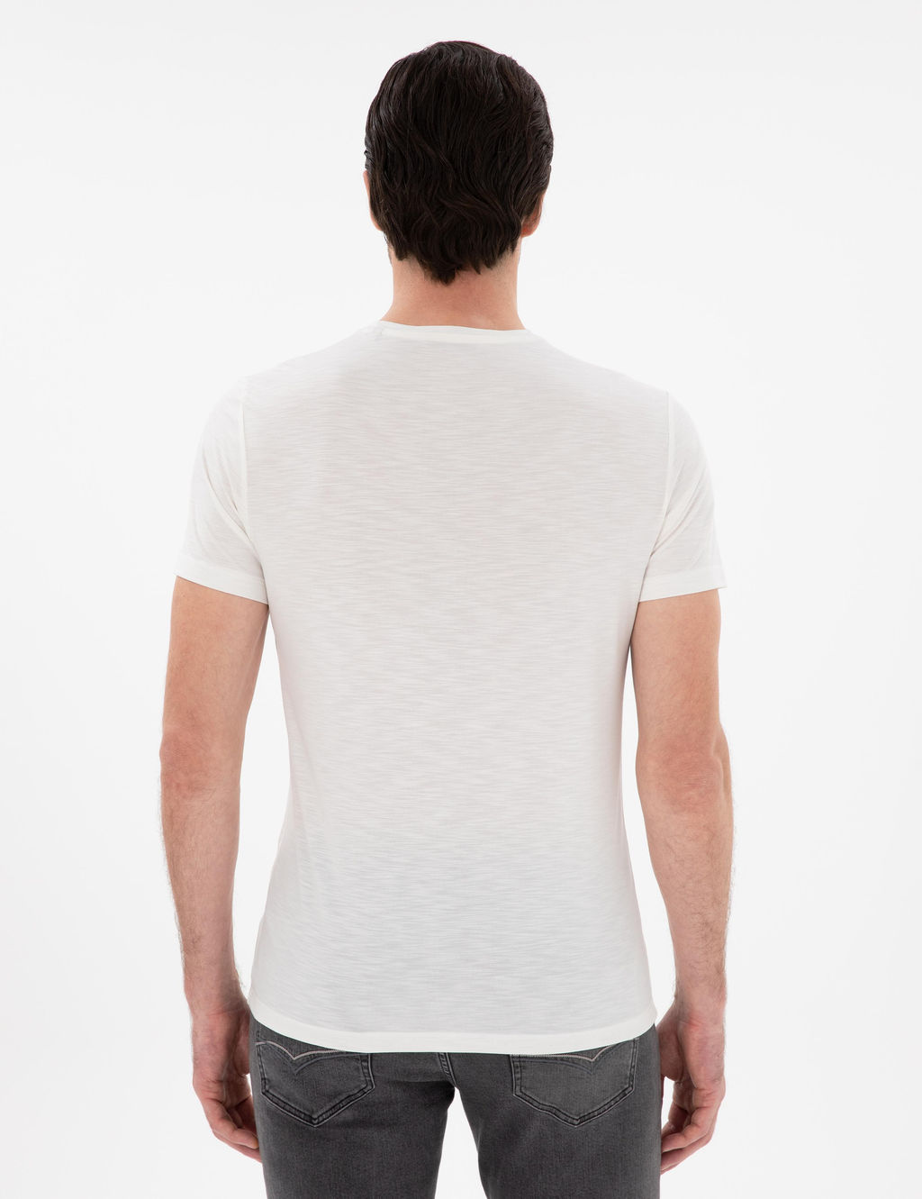 Beyaz Slim Fit Bisiklet Yaka Desenli T-shirt