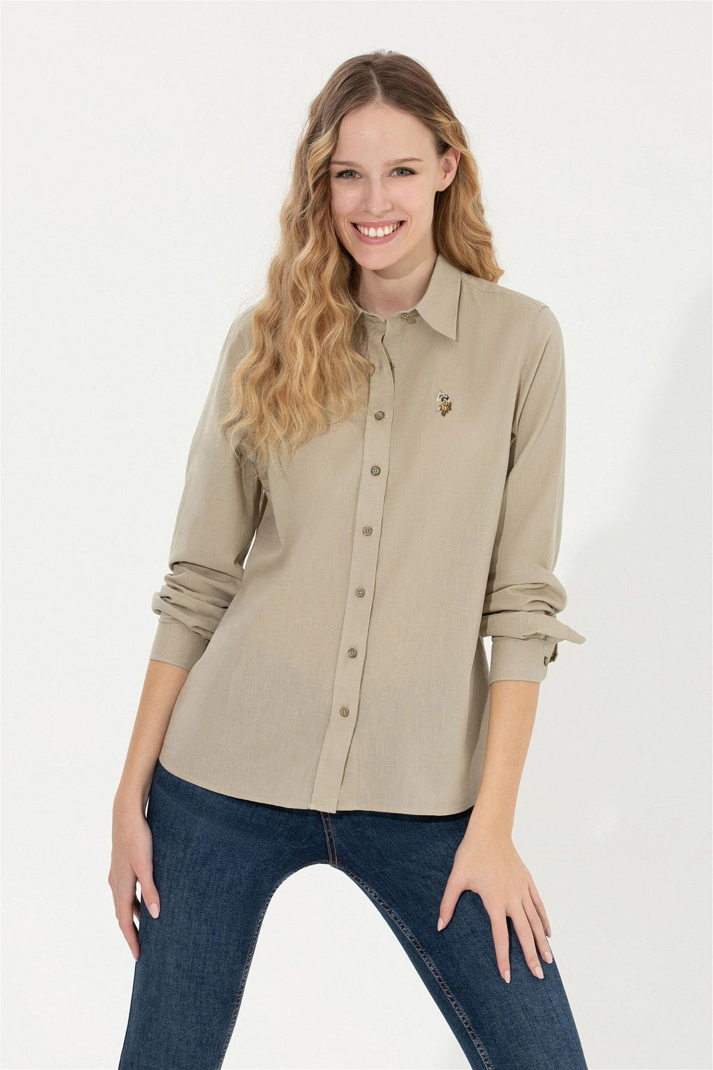 Женская базовая рубашка цвета хаки с длинным рукавом - U.s. polo assn фото 4