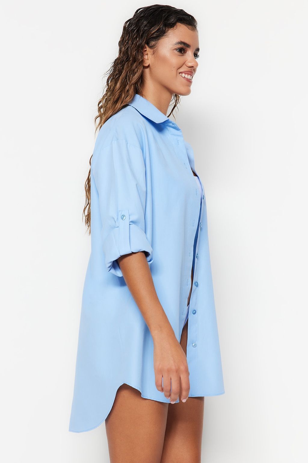 Plaj Giyim Ac?k Mavi Dokuma Maxi Gomlek TBESS22GO0664