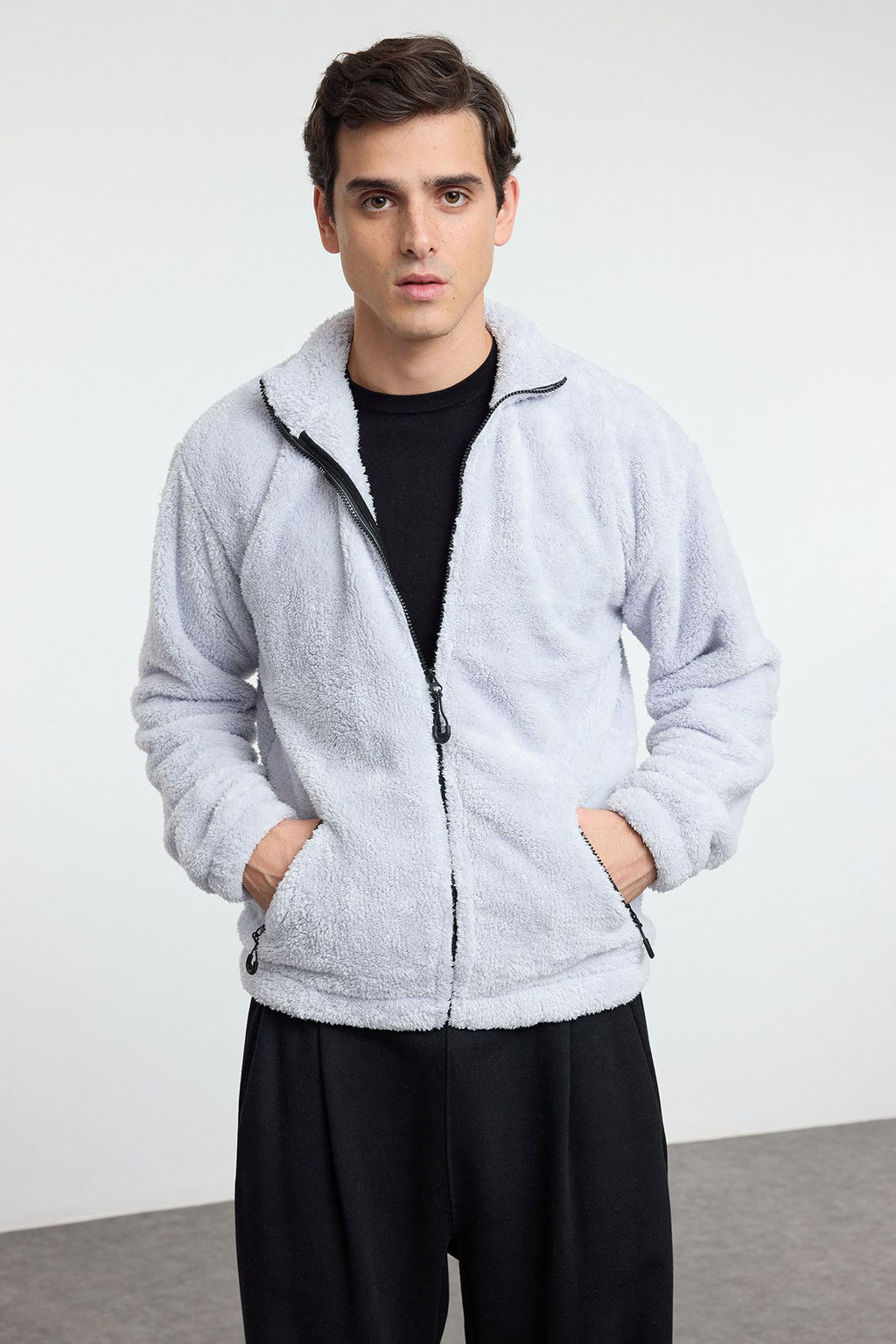 TRENDYOL MAN Gri Oversize/Genis Kesim Fermuar Cepli Couple Pelus Sweatshirt TMNAW25SW00102 - Trendyolmilla фото 4