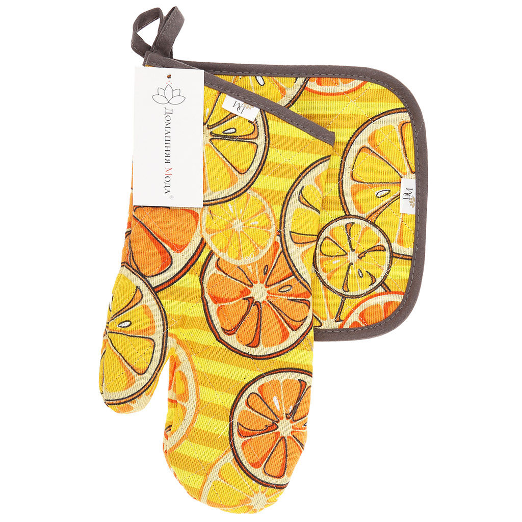 Кухонный комплект Апельсинки, вид 5: прихватка-варежка 15х30см + прихватка 20х20см, рогожка 171г/м2, хлопок 100%, наполнитель - ватин 280г/м2, на пластмассовом подвесе, Домашняя мода (Россия)  фото 4