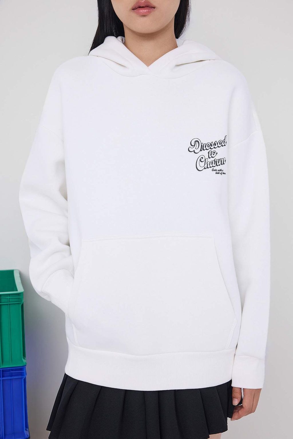 Teen Ekru S?rt Bask?l? Oversize/Genis Kal?p Kapusonlu Ici Polarl? Orme Sweatshirt TWOAW26SW00079