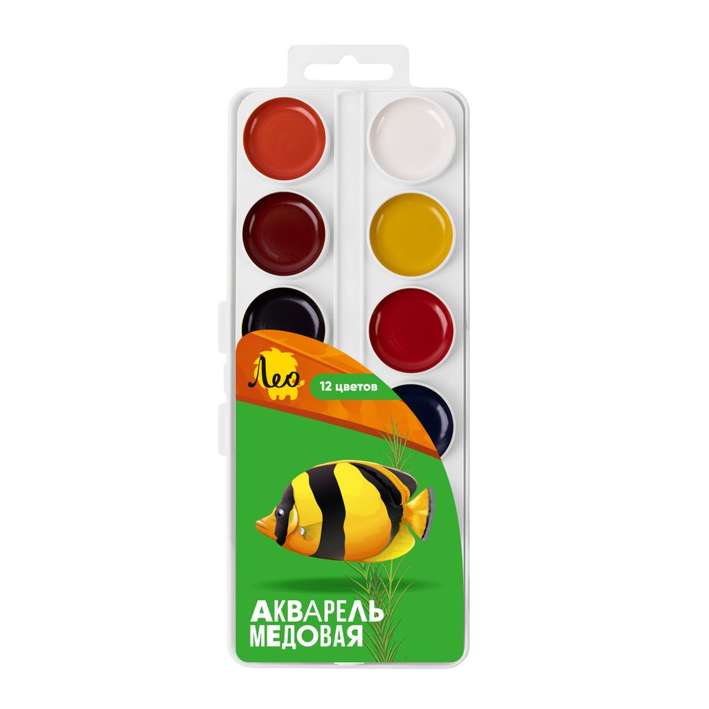 Краска акварель Лео Ярко медовые, без кисти (классическая) в пластиковой упаковке с европодвесом LBW-0112 12 цв