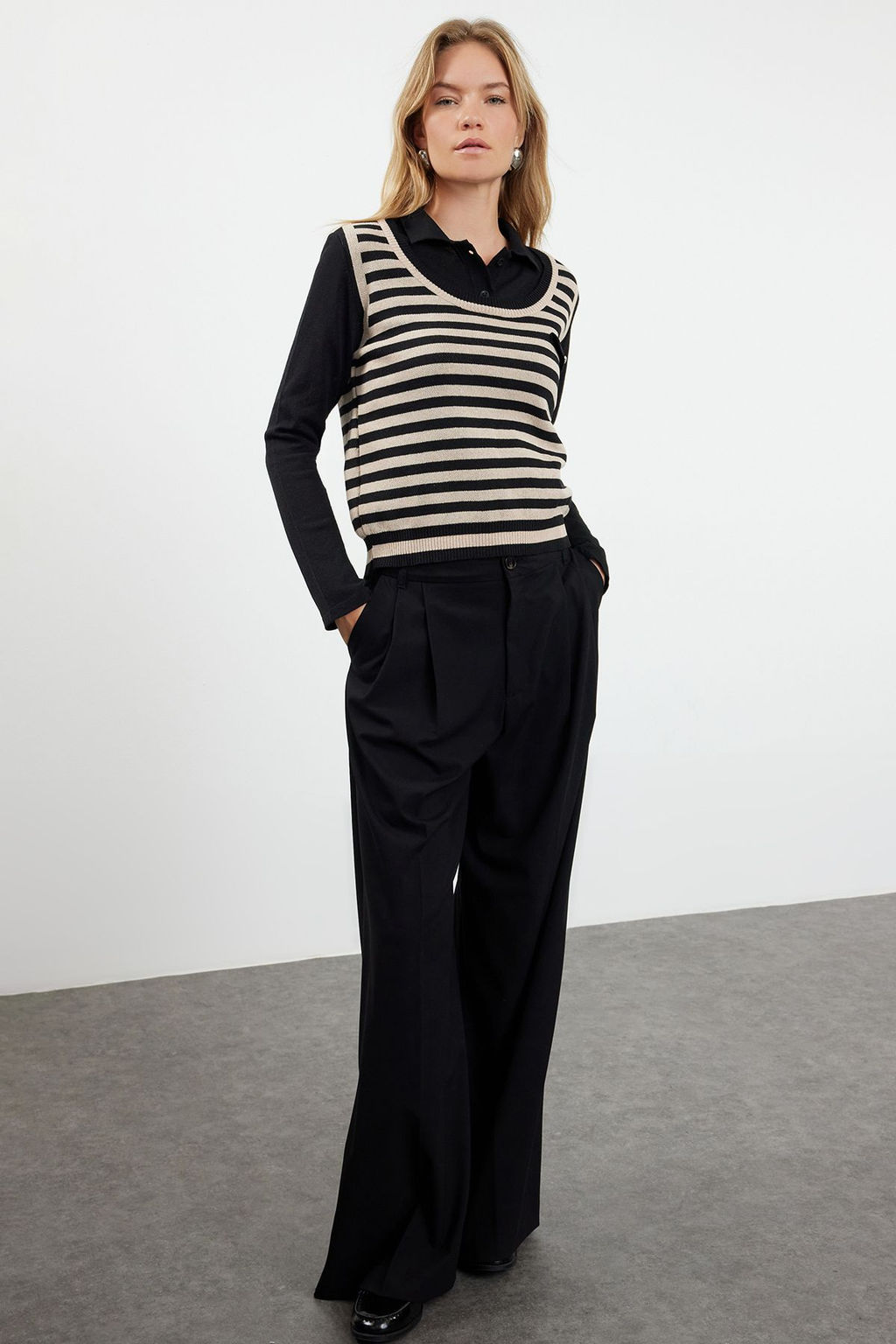 Siyah Cizgili Polo Yaka Dokuma Garnilli Triko Kazak TWOAW25KZ00038 - Trendyolmilla фото 2