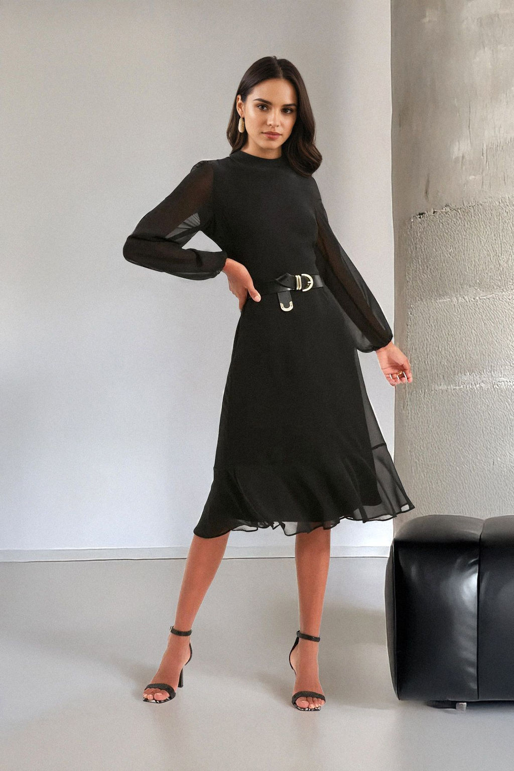 Siyah A Kesim Dik Yakal? Midi Astarl? Sifon Dokuma K?sl?k Elbise TWOAW20EL1313