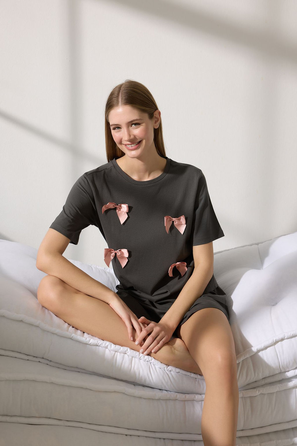 Trendyolmilla Antrasit 100% Pamuklu Kurdele/Fiyonklu Sortlu Orme Pijama Tak?m? THMSS25PT00376 фото 5