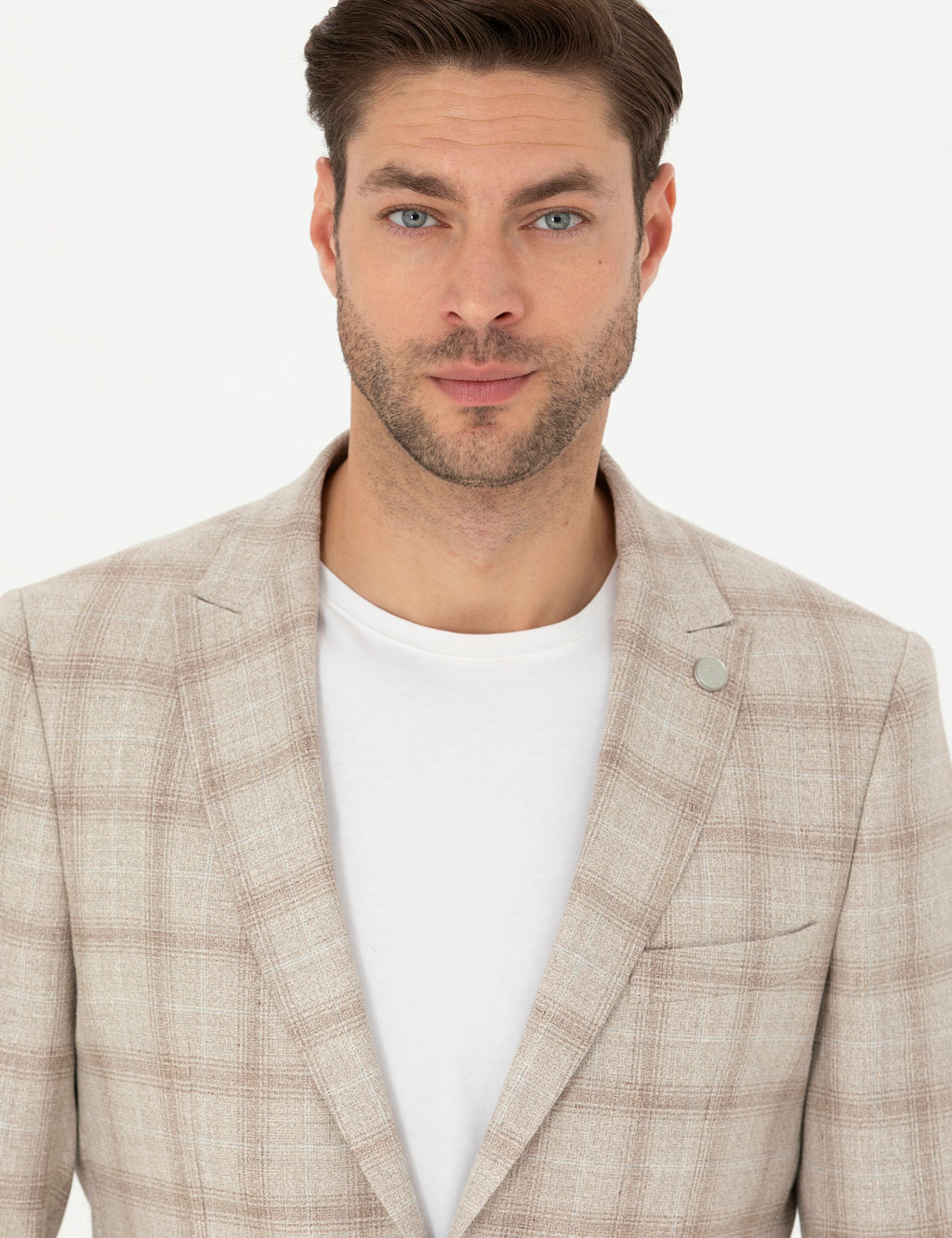 Bej Slim Fit Keten Kar___ml_ Ekose Ceket