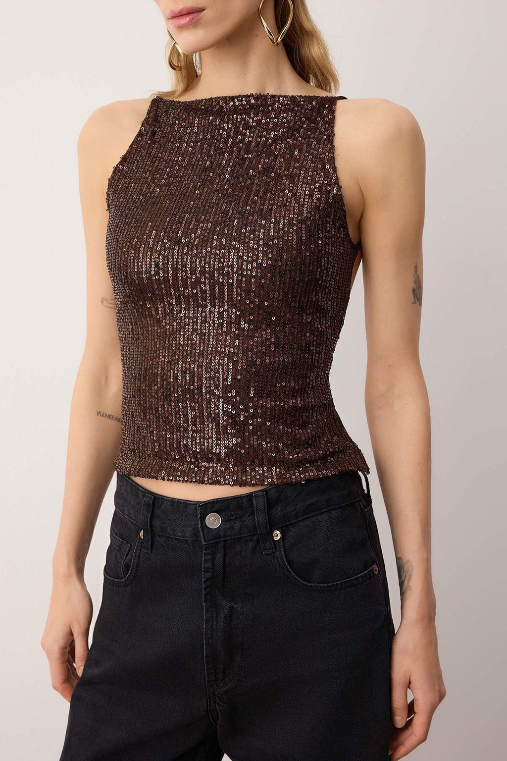 Kahverengi S?rt Detayl? Par?lt?l? Payet Orme Bluz TPRSS25BZ00036