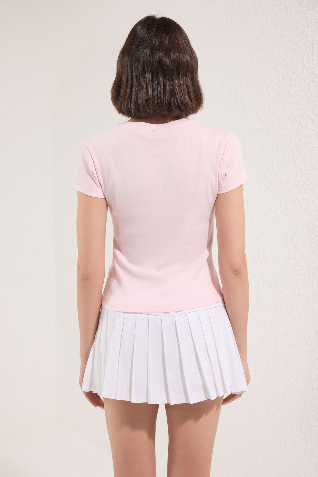 Pembe Pamuklu Kedi Bask?l? Vucuda Oturan Esnek Orme T-Shirt TWOSS25TS00095