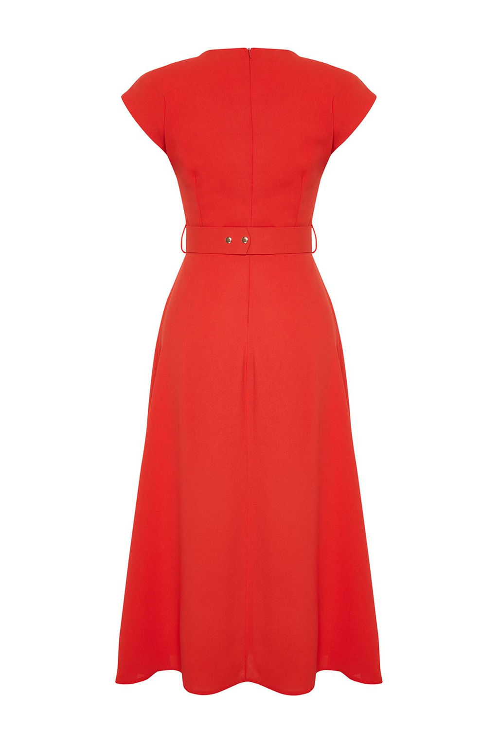 K?rm?z? Kemerli Etegi Belden Ac?lan Midi Krep Dokuma Elbise TWOSS24EL00018 - Trendyolmilla фото 8