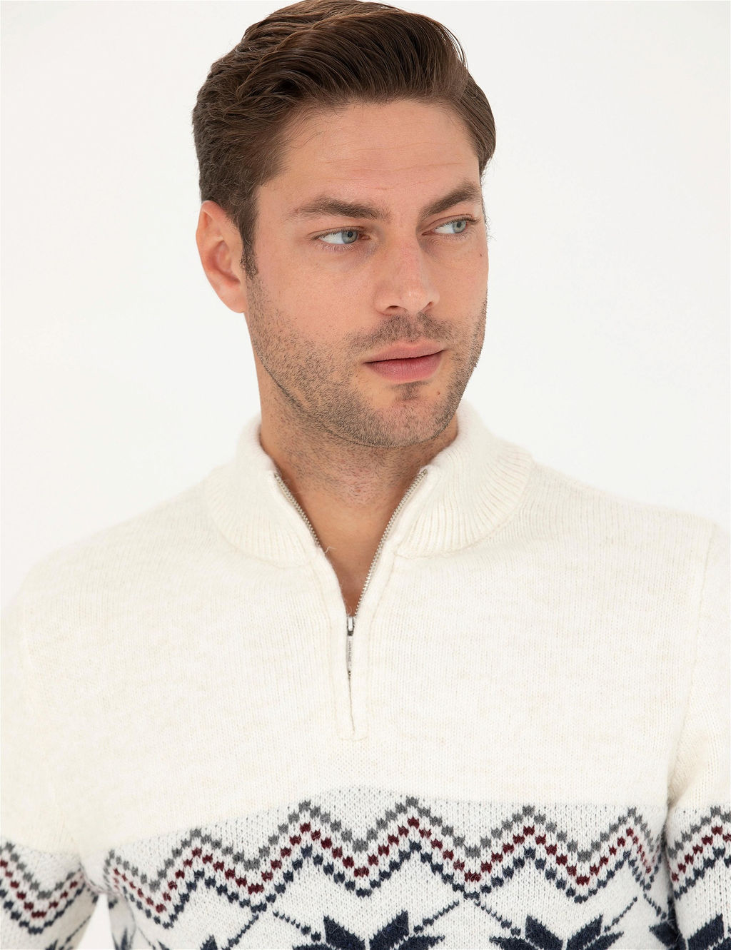 Ekru Slim Fit Fermuarl_ Polo Yaka Triko Kazak