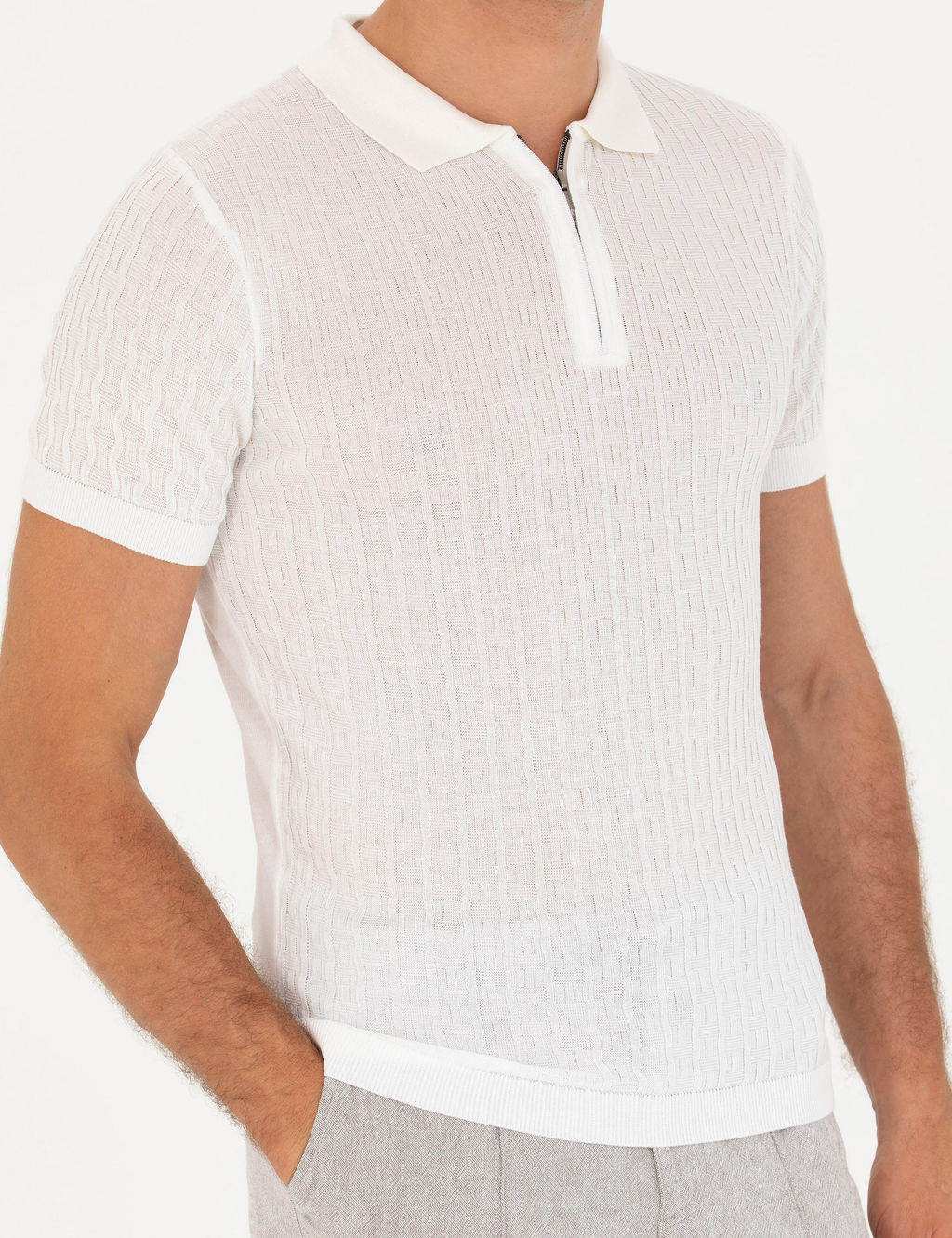 Beyaz Slim Fit Polo Yaka Triko T-Shirt