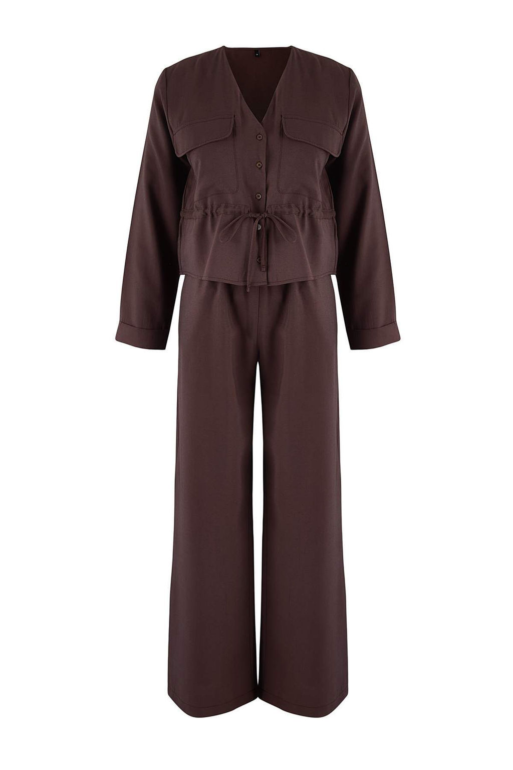 Koyu Kahverengi Yumusak Dokulu Bluz Pantolon Dokuma Alt - Ust Tak?m TWOAW26AU00111