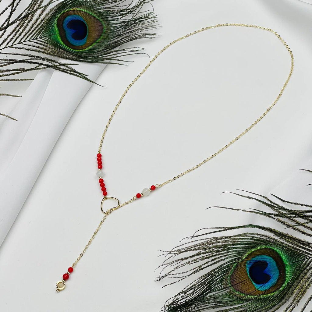 Колье на цепочке из Коралла и Лунного камня