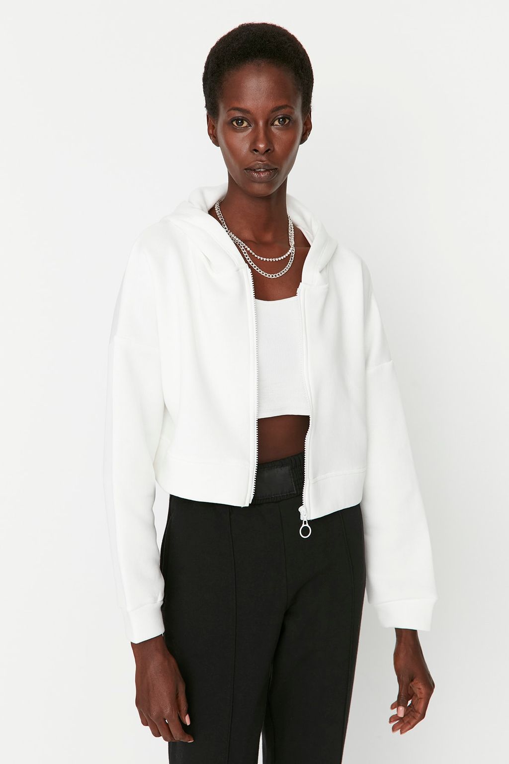 Ekru Basic Fermuarl? Kapusonlu Crop Kal?n Ici Polarl? Orme Sweatshirt TWOAW20SW0660