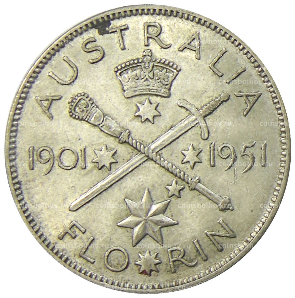 1 флорин (2 шиллинга) 1951 года Австралия  50 лет Федерации