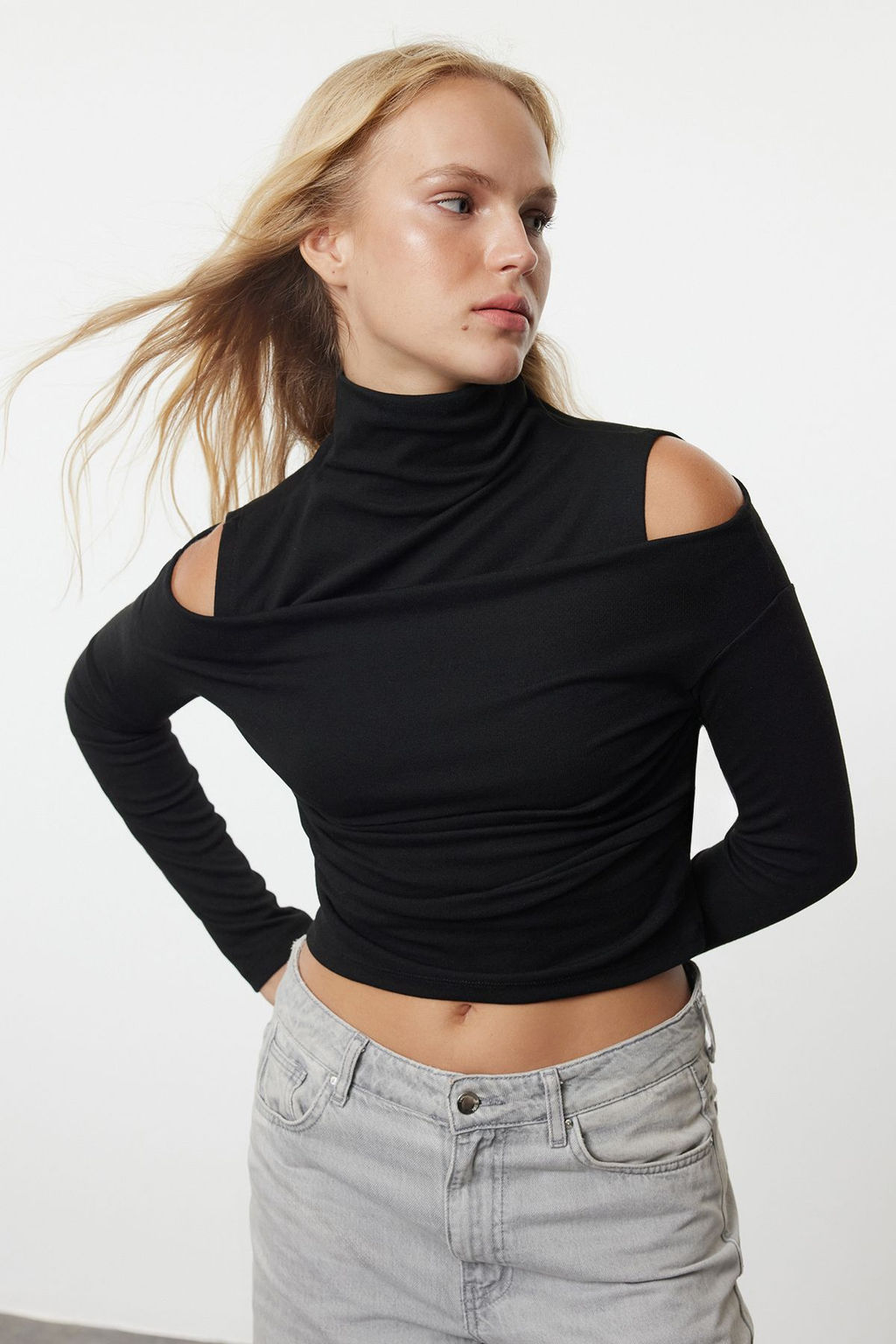 Siyah Cift Katl? Dik Yaka Slim/Vucuda Oturan Orme Bluz TWOAW25BZ00125 - Trendyolmilla фото 2