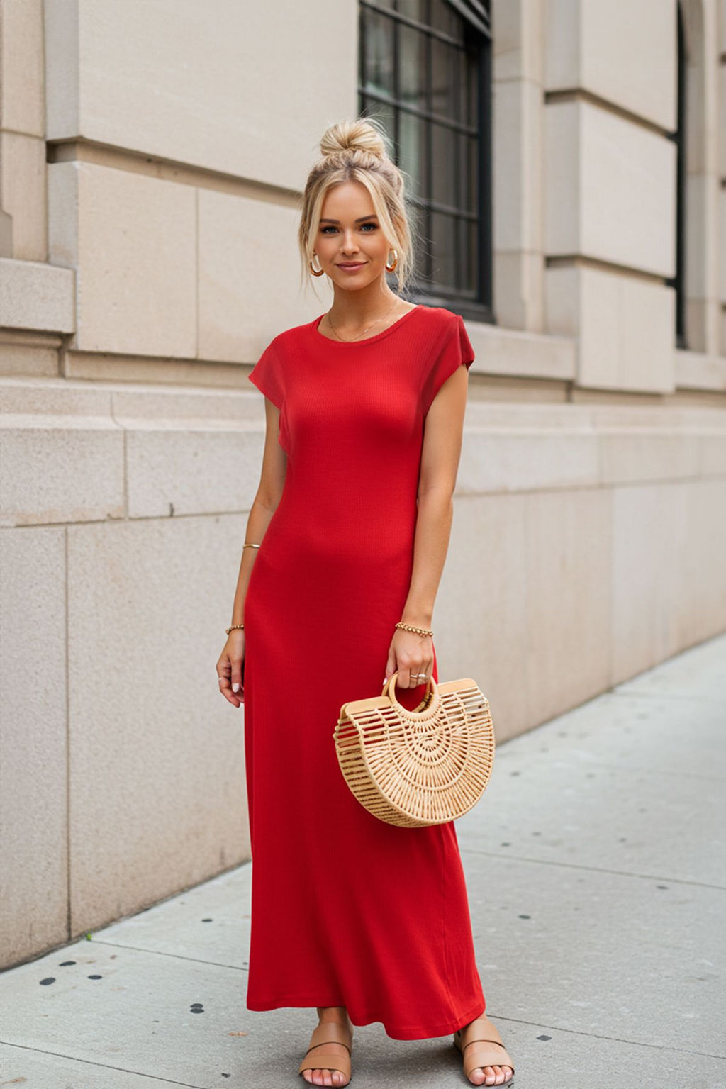 K?rm?z? Duz Y?rtmacl? Maxi Kaskorse A-line Ay Kol Orme Elbise TWOSS25EL00470