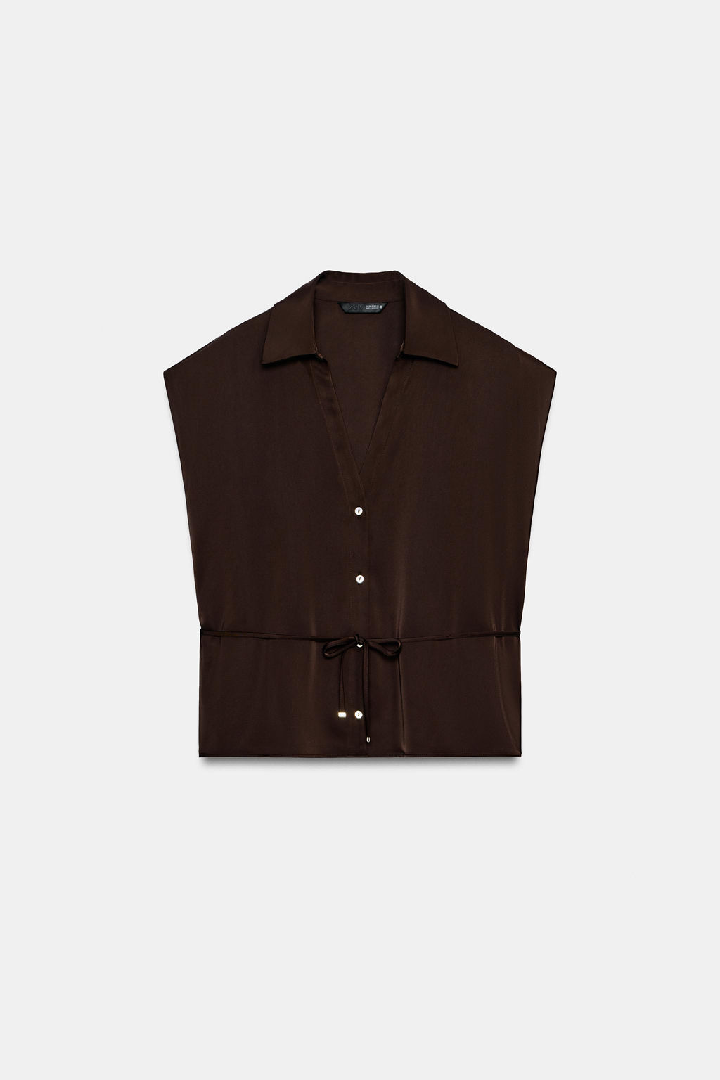 CAMISA SATINADA MANGA CORTA CINTUR?N / Marr?n