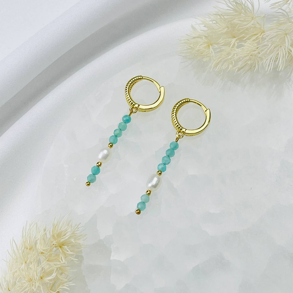 Серьги длинные из Амазонита и Жемчуга