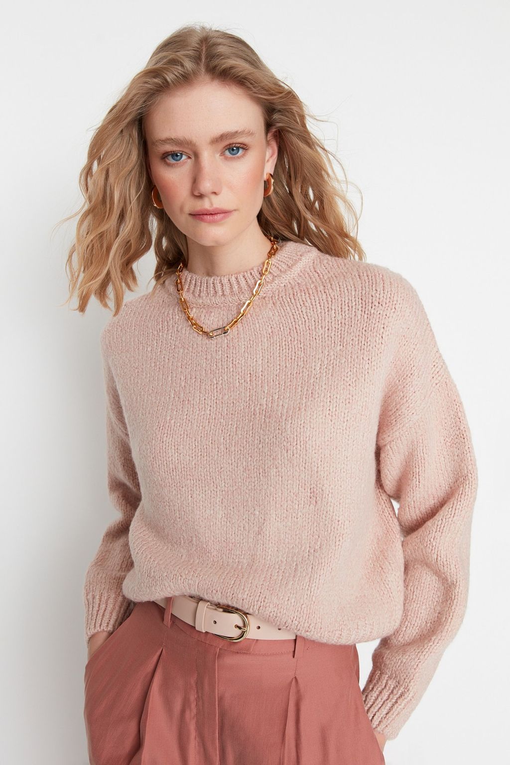 Pudra Genis Kal?p Yumusak Dokulu Basic Triko Kazak TWOAW23KZ00185