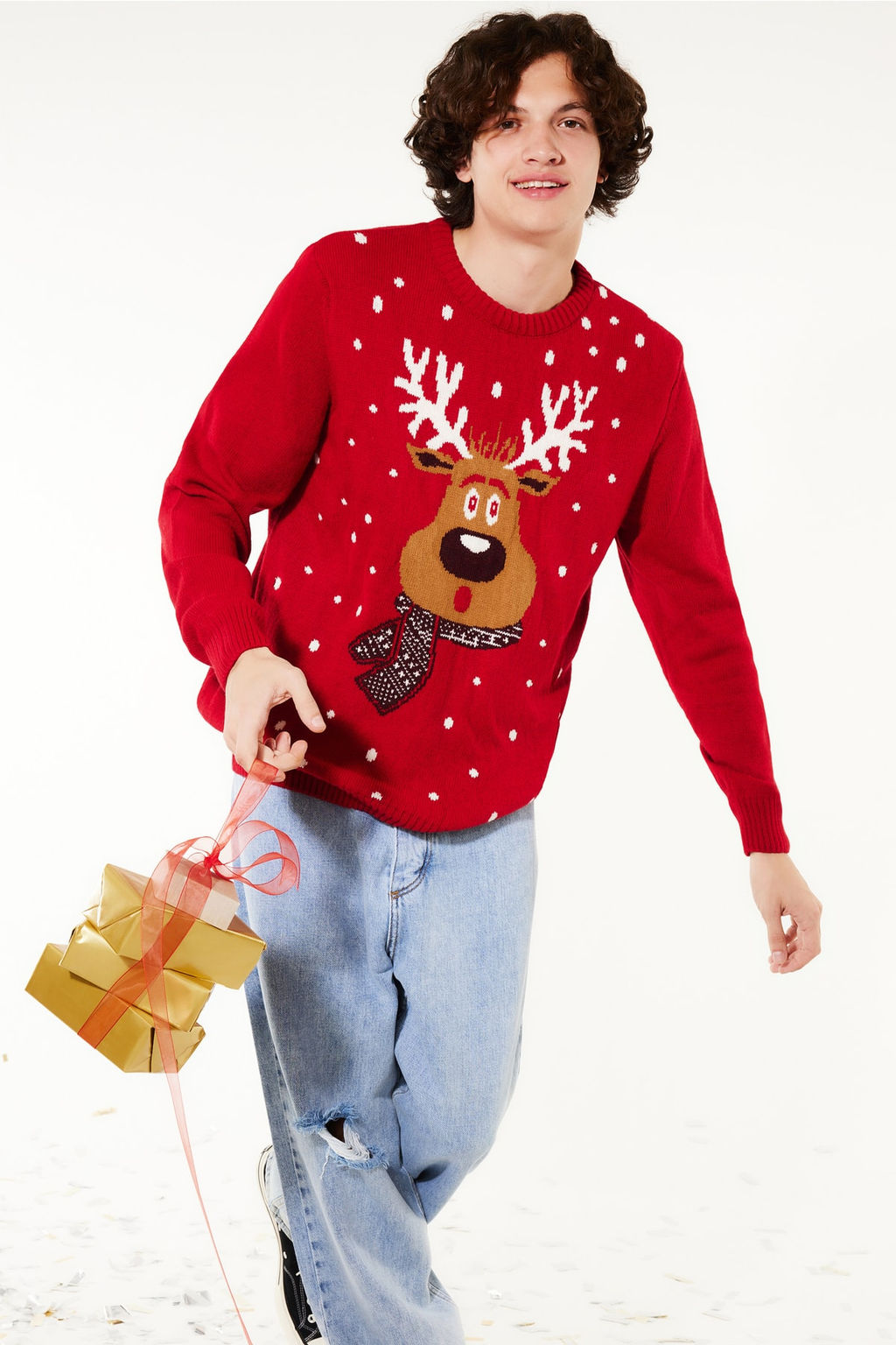 TRENDYOL MAN K?rm?z? Unisex Regular Fit Yunlu Bisiklet Yaka Geyik Desenli Christmas Triko Kazak TMNAW23KZ00224 - Trendyolmilla фото 2