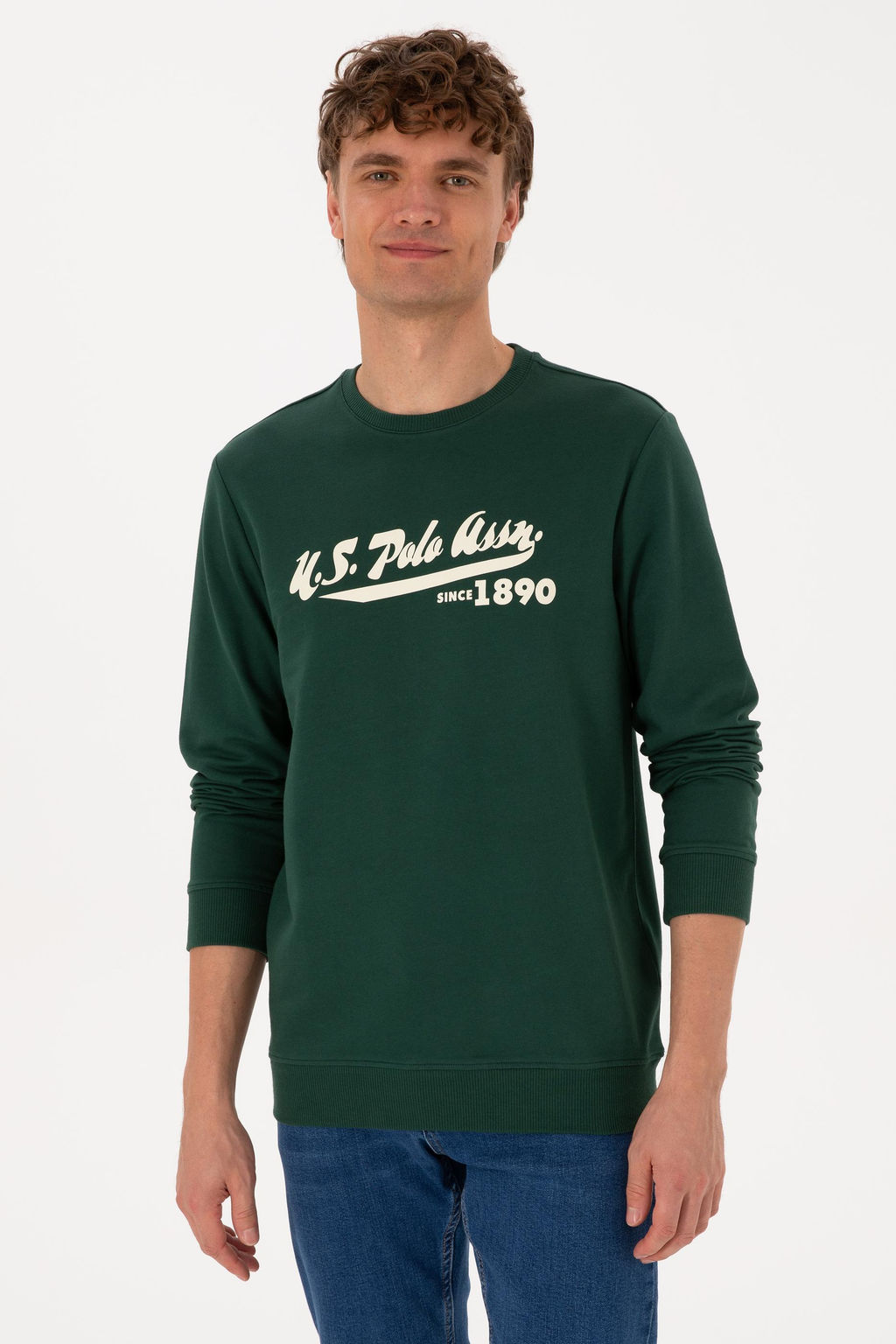 Erkek Bisiklet Yaka Regular Fit Koyu Ye_il Sweatshirt