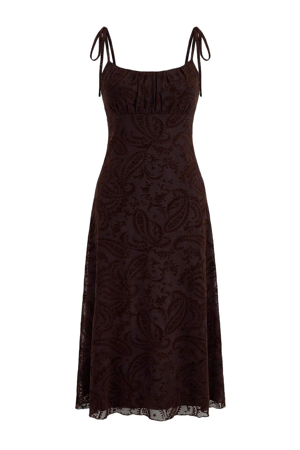 Kahverengi Cicekli A-Kesim/Can Form Ince Ask?l? Kolsuz Buzgulu Midi Tul Orme Elbise TWOSS26EL00025 - Trendyolmilla фото 5