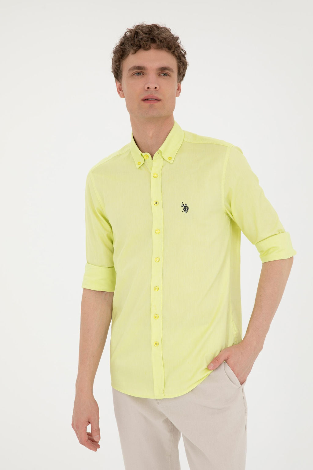 U. S. Polo Assn / Мужская неоново-желтая базовая рубашка с длинным рукавом - U.s. polo assn фото 3