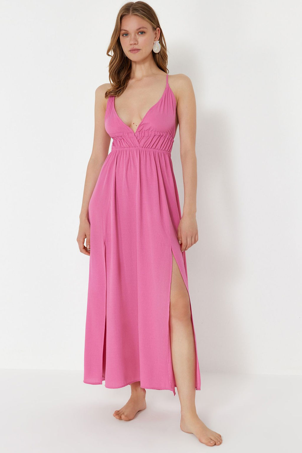 TRENDYOLMILLA Siyah Maxi Dokuma Buzgulu S?rt Dekolteli Plaj Elbisesi TBESS23EL00063  фото 18