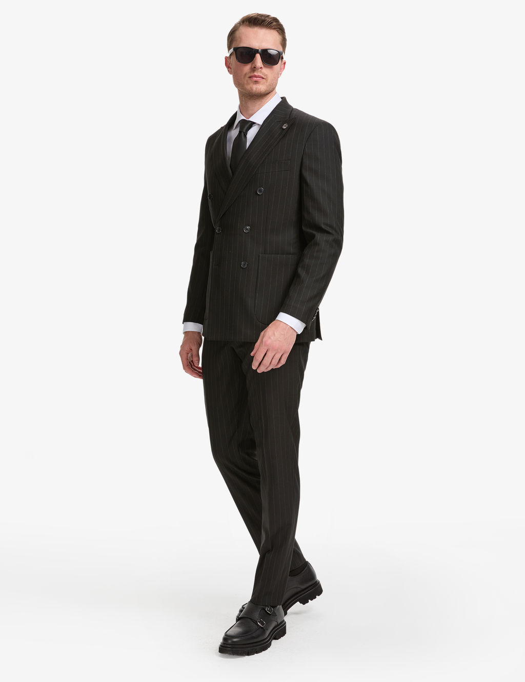 Siyah Extra Slim Fit _izgili Kruvaze Tak_m Elbise