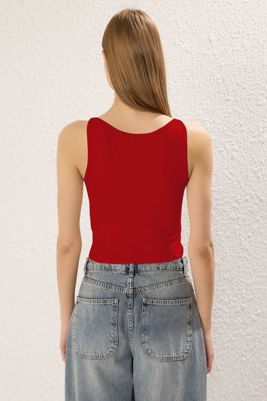 K?rm?z? Ask?l? Fitted/Vucuda Oturan Esnek Orme Bluz TWOSS24BZ00535