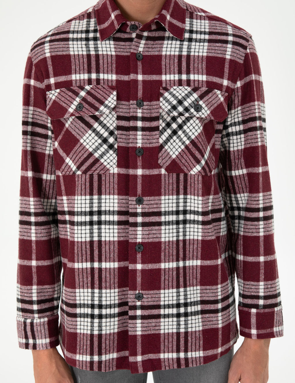 Bordo Klasik Yaka Oduncu _ift Cepli Oversize G_mlek Ceket