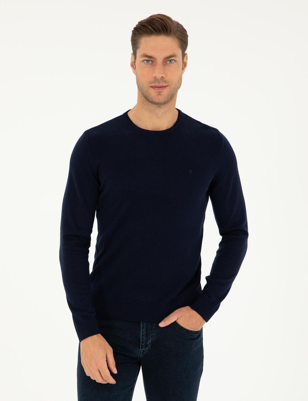 Lacivert Slim Fit Bisiklet Yaka Basic Triko Kazak