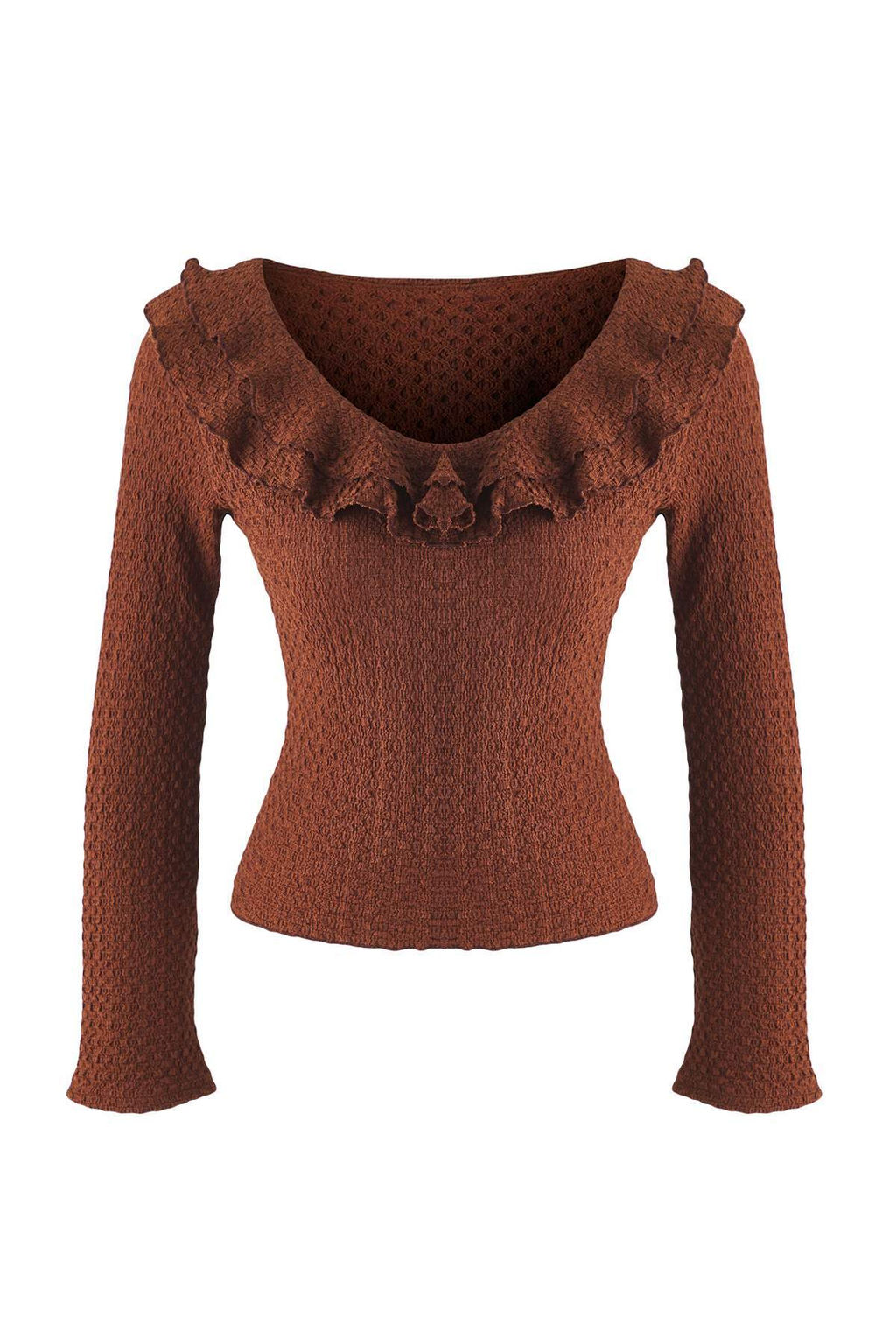 Kahverengi Dokulu Fitted/Vucuda Oturan F?f?r Detayl? Esnek Orme Bluz TWOAW26BZ00202