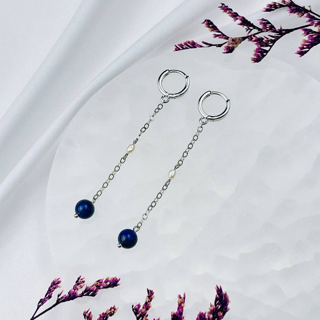 Серьги на цепочке из Лазурита и Жемчуга