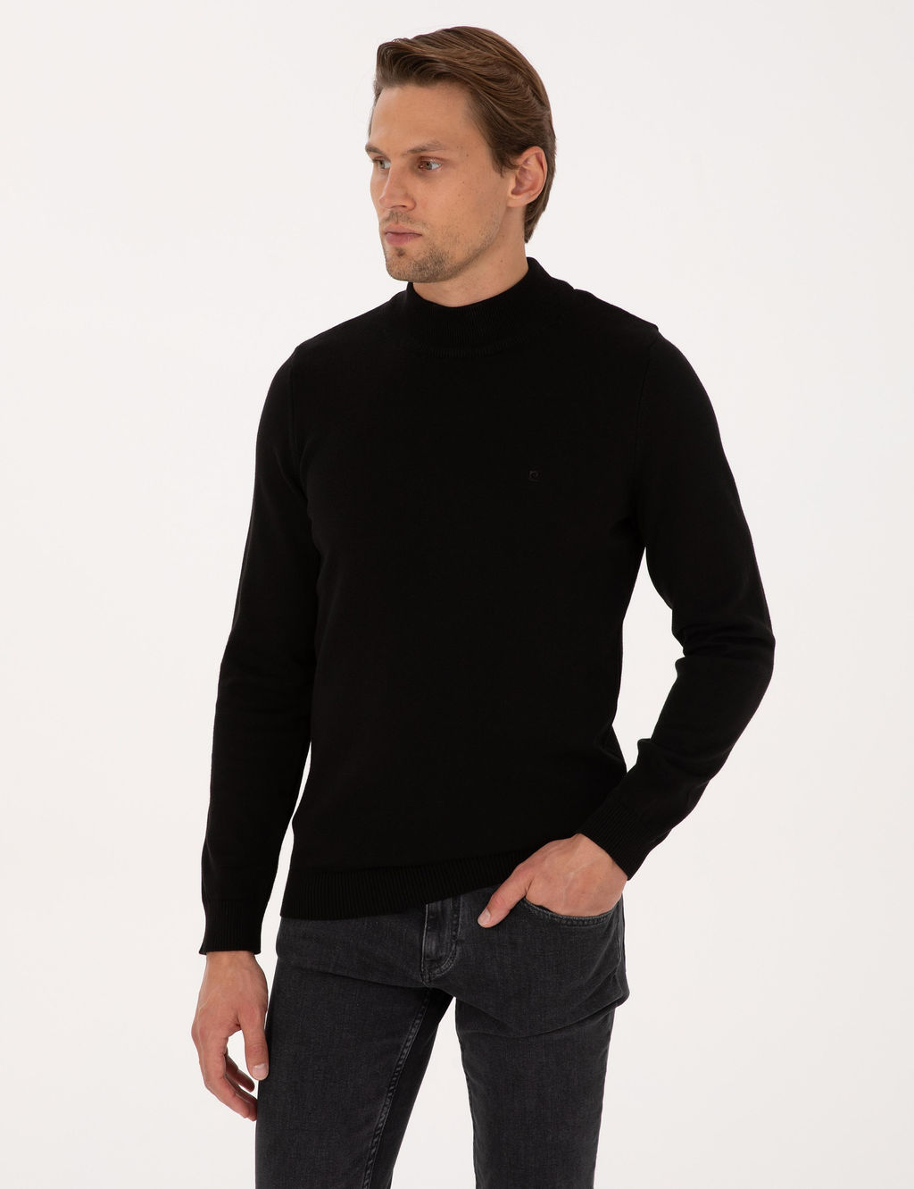 Siyah Slim Fit Yar_m Bal_k__ Yaka Basic Triko Kazak - Pierre cardin фото 3